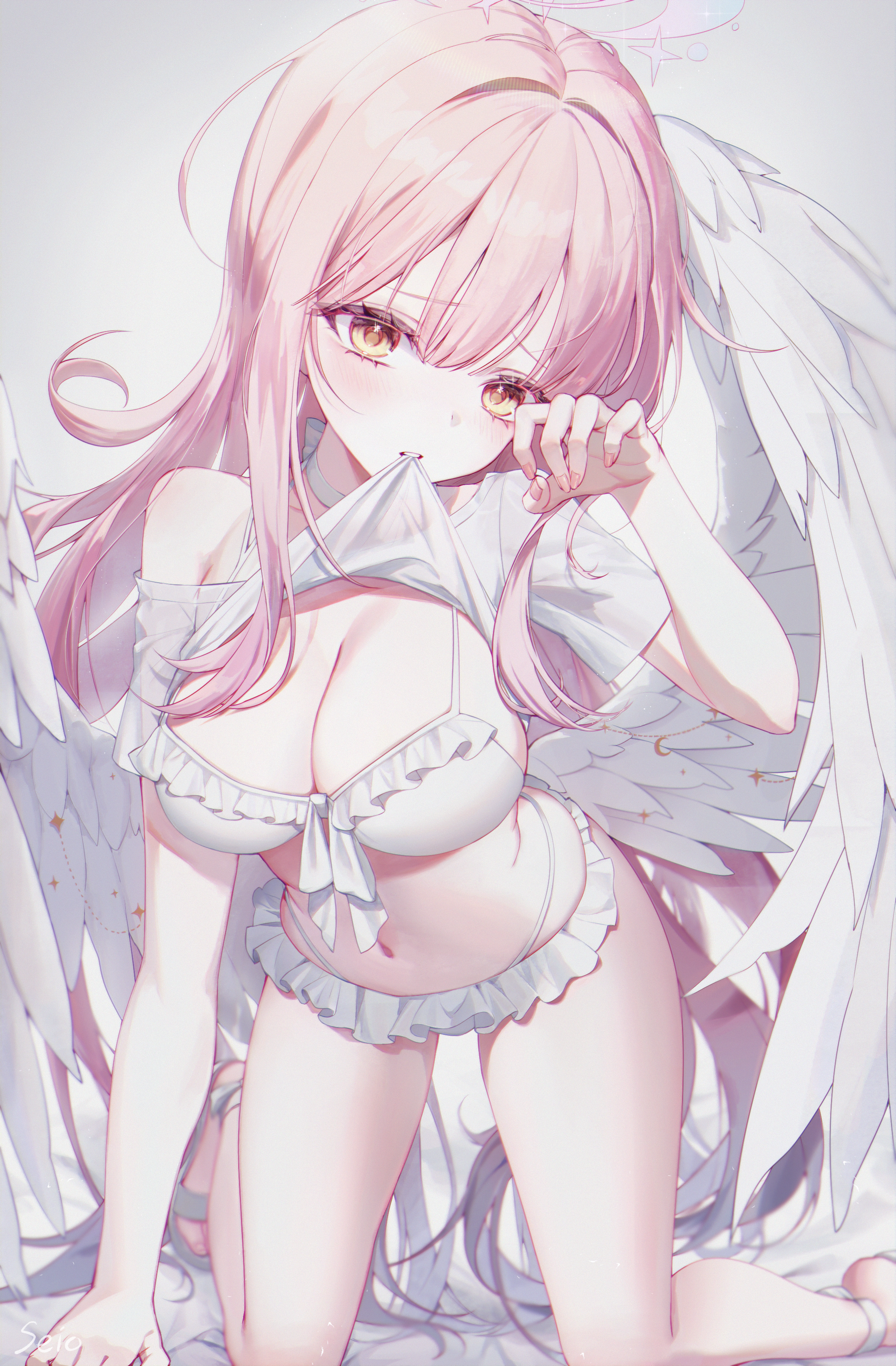 seio b23, mika (blue archive), mika (swimsuit) (blue archive), blue archive, absurdres, highres, 1girl, angel wings, bikini, blush, breasts, choker, clothes in mouth, feathered wings, frilled bikini, frills, halo, large breasts, looking at viewer, low wings, mouth hold, navel, official alternate costume, official alternate hairstyle, pink hair, pink halo, shirt in mouth, stomach, swimsuit, white bikini, white choker, white wings, wing ornament, wings, yellow eyes