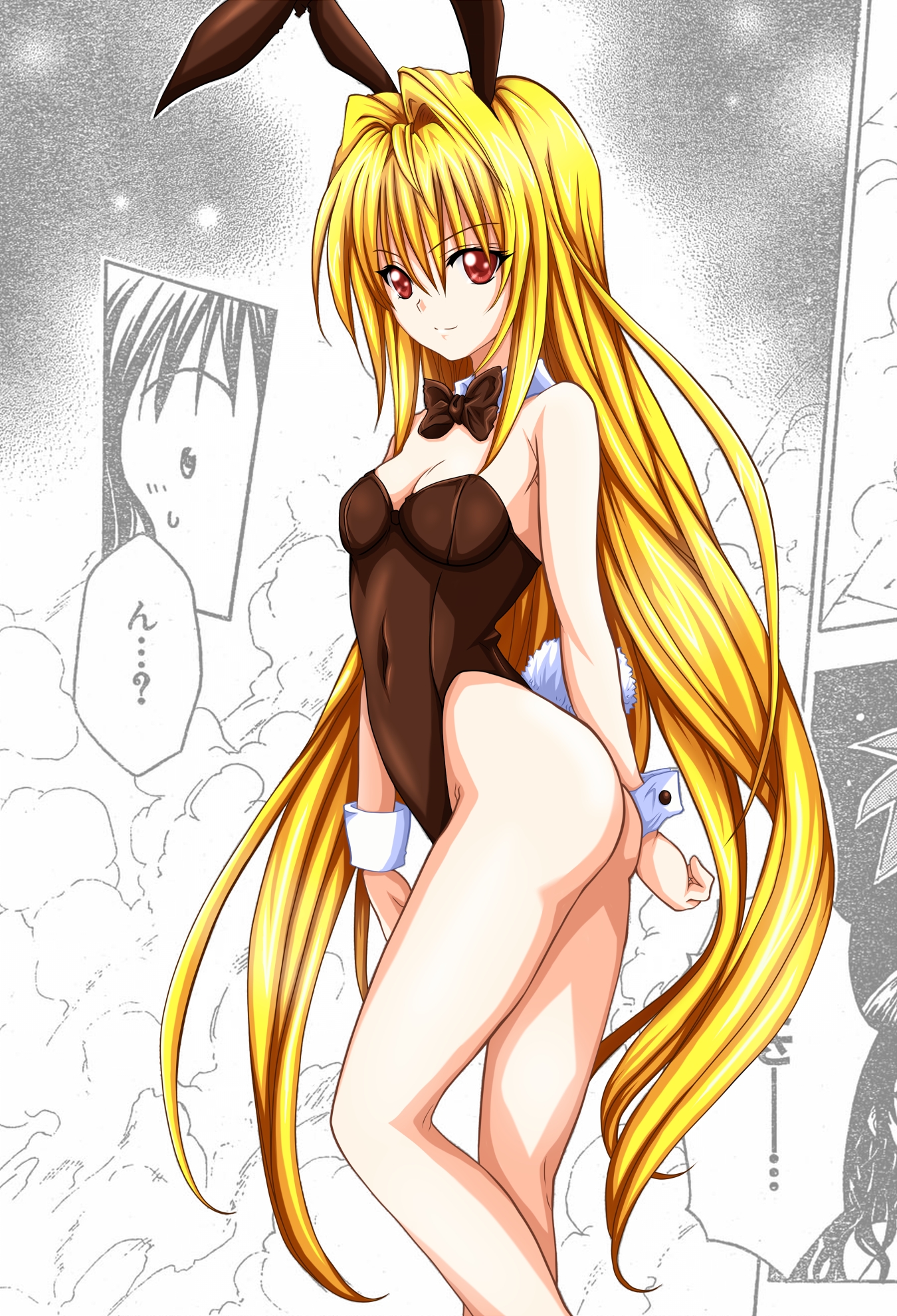 konjiki no yami, to love-ru, highres, 00s, 1girl, animal ears, ass, bare legs, blonde hair, bow, breasts, choker, cleavage, fake animal ears, female focus, leotard, long hair, playboy bunny, rabbit ears, rabbit tail, red eyes, small breasts, solo, tail, wrist cuffs