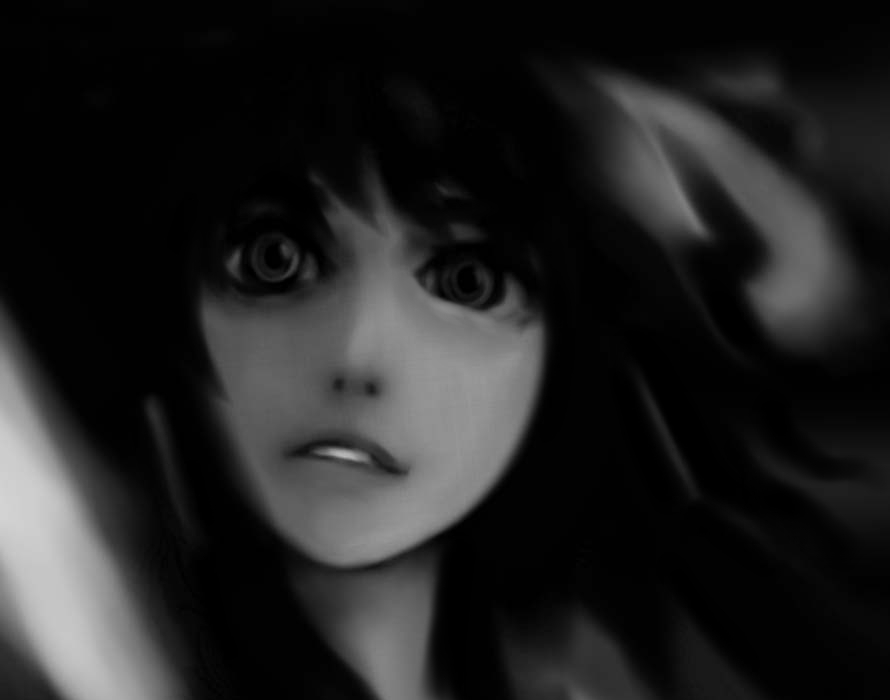 futon (kitsune tsuki), kitsune tsuki, hakurei reimu, touhou, 1girl, dark, female focus, greyscale, hair tubes, monochrome, solo, staring