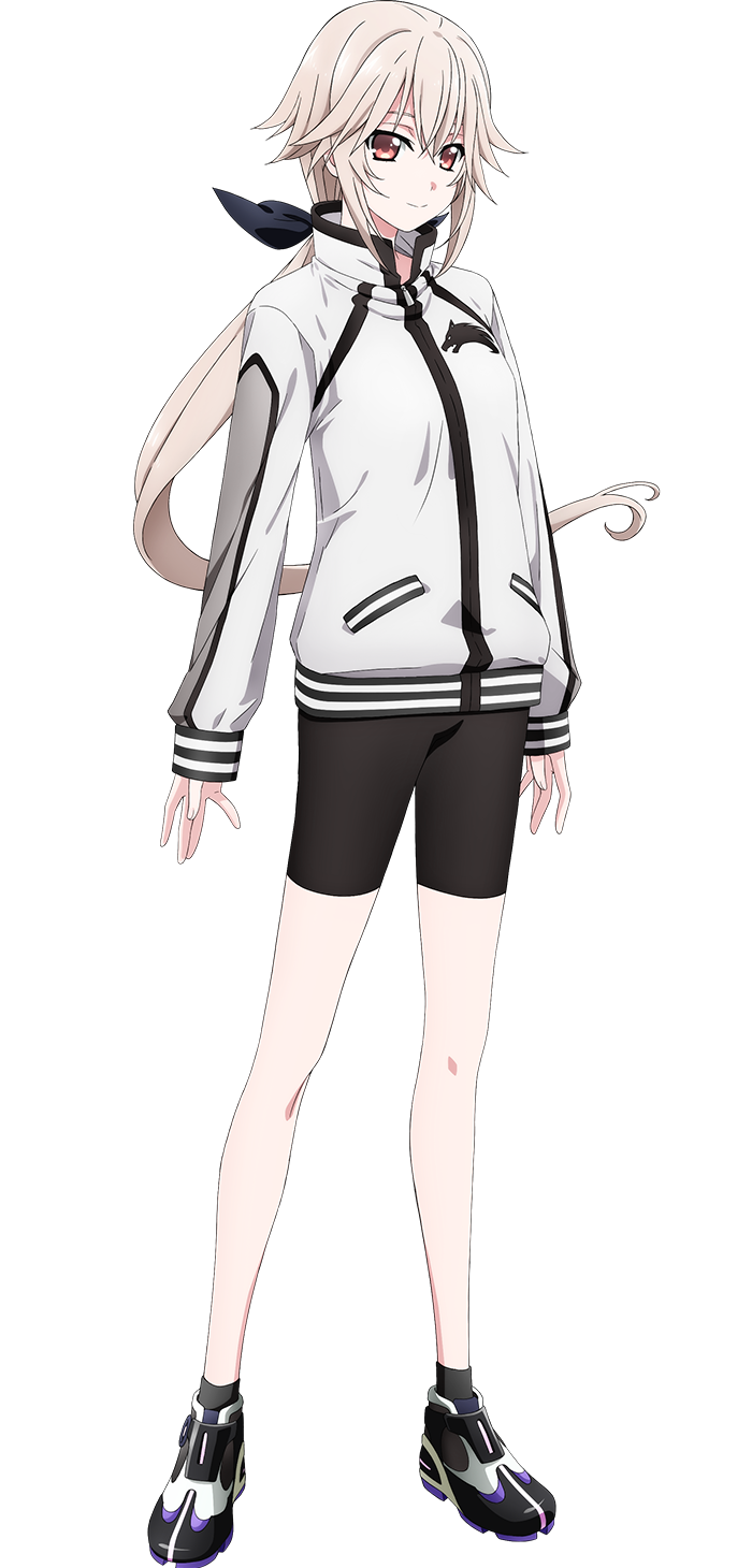 arakaki issei, michelle jaeger, extreme hearts, highres, official art, 1girl, anime coloring, bike shorts, black ribbon, black shoes, black shorts, black socks, breasts, brown eyes, closed mouth, collared jacket, crossed bangs, flipped hair, full body, grey hair, hair between eyes, hair ribbon, jacket, long hair, long sleeves, looking at viewer, low ponytail, medium breasts, multicolored jacket, open hands, ponytail, ribbon, shoes, shorts, simple background, smile, socks, solo, standing, tachi-e, track jacket, transparent background, two-tone jacket, very long hair, white jacket, wolf print