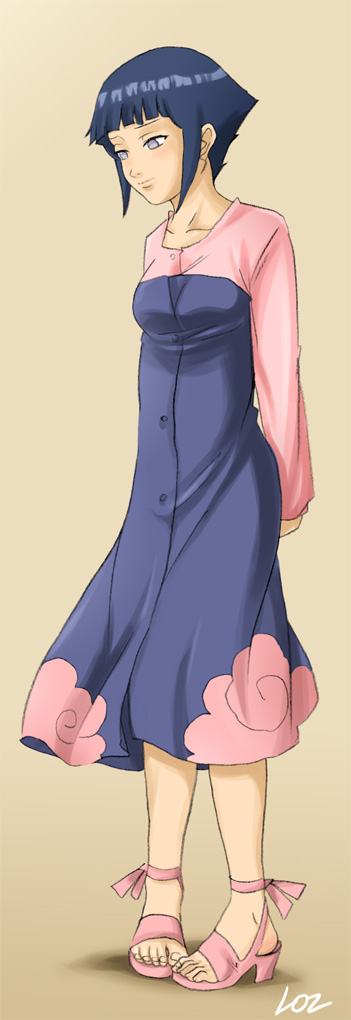 lost1zero, hyuuga hinata, naruto (series), naruto, long image, tall image, dress, leaf, sandals, short hair, standing