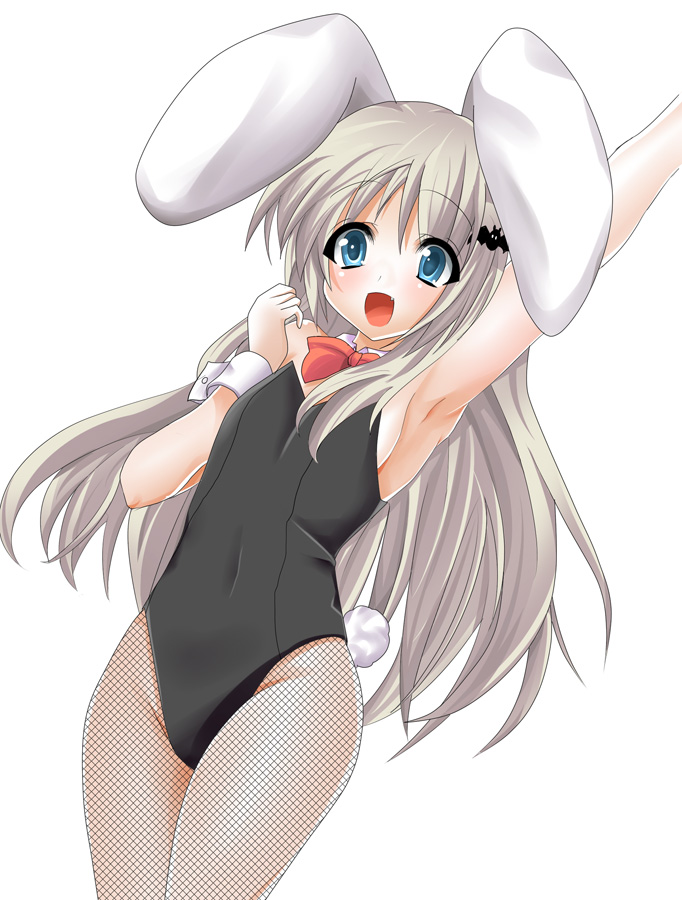 masayu, noumi kudryavka, little busters!, silver hair, animal ears, armpits, blonde hair, bow, bowtie, fake animal ears, fishnet pantyhose, fishnets, leotard, long hair, open mouth, pantyhose, playboy bunny, rabbit ears, rabbit tail, solo, tail, wrist cuffs