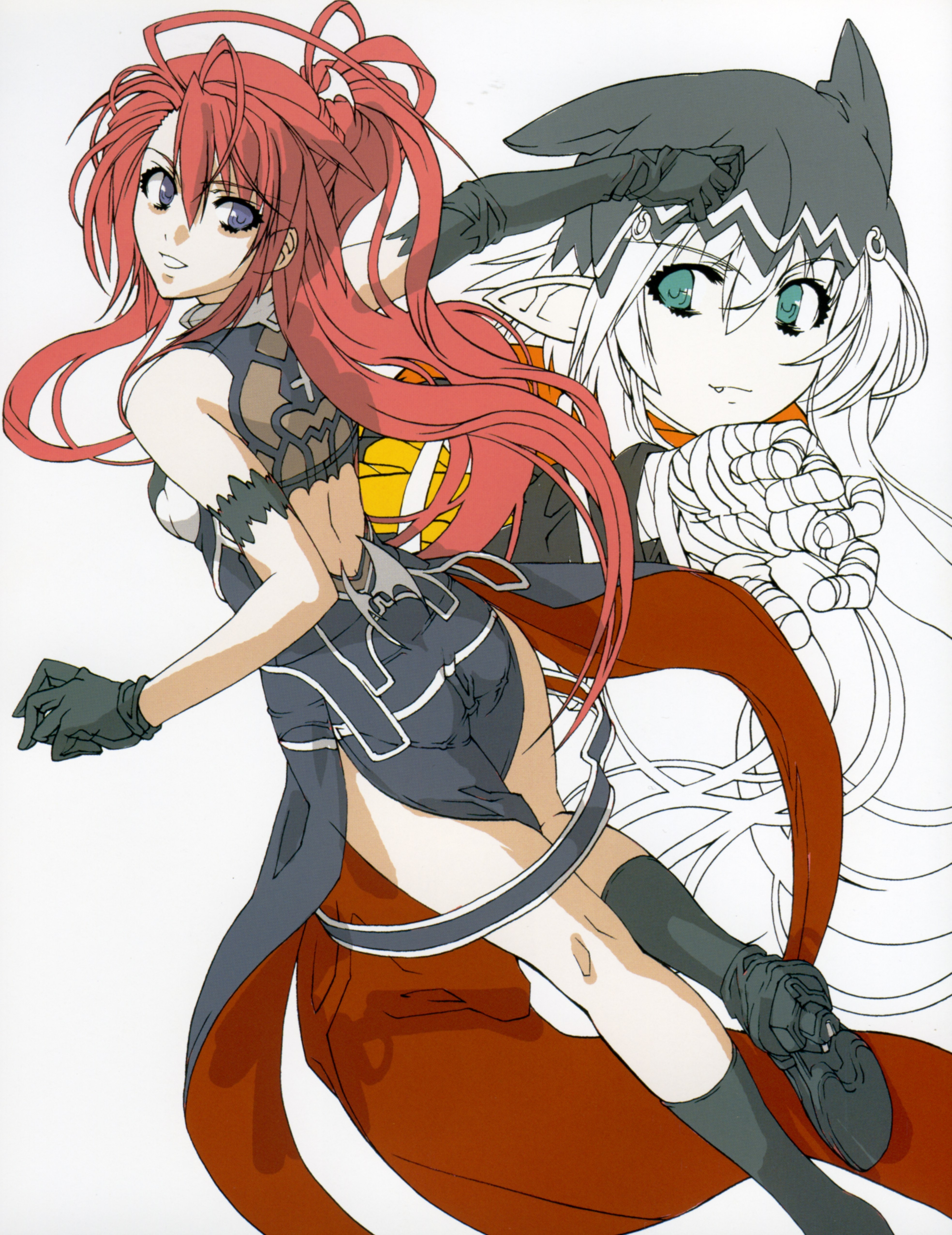 nishii (damnedrive), ignis (jingai makyou), kaze no ushiro wo ayumumono (kazeko), jingai makyou, absurdres, highres, non-web source, 2girls, blue eyes, boots, dress, elbow gloves, fang, gloves, green eyes, hat, kneepits, long hair, multiple girls, red hair, white hair