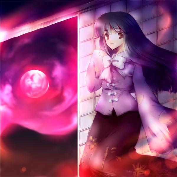 confeitoo, houraisan kaguya, touhou, bad id, bad pixiv id, 1girl, black hair, female focus, long hair, moon, red moon, ribbon, sky, solo