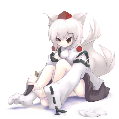 tsubasa (abchipika), inubashiri momiji, touhou, lowres, 1girl, animal ears, feet, female focus, hat, looking down, oekaki, on floor, orange eyes, panties, single sock, sitting, socks, soles, solo, tail, toes, underwear, white hair, wolf ears, wolf tail