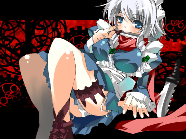 blaze (blazeillust), izayoi sakuya, touhou, silver hair, bad id, bad pixiv id, 1girl, braid, female focus, knife, panties, ribbon, short hair, solo, throwing knife, twin braids, underwear, weapon