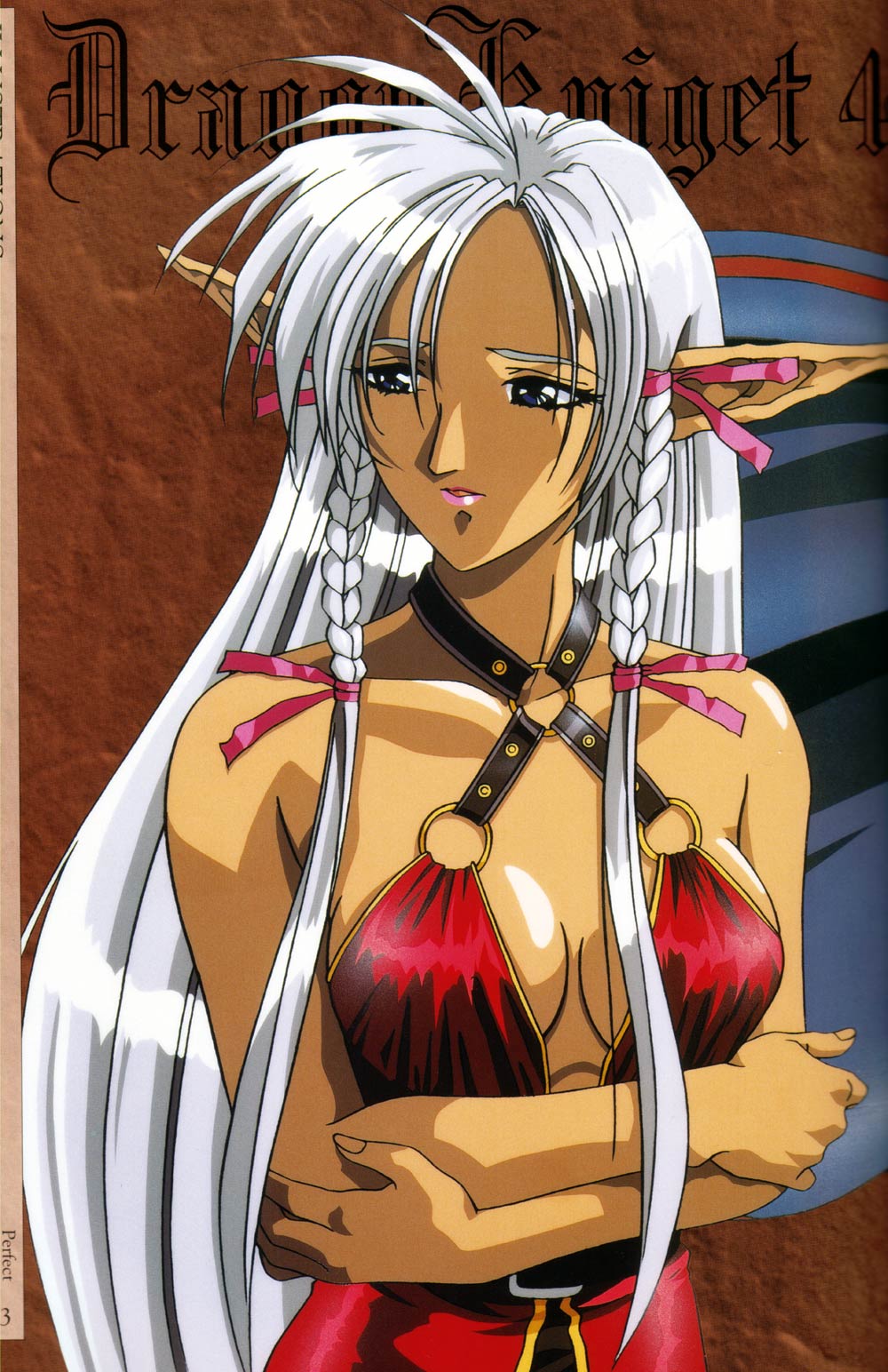 shimazaki katsumi, marlene, dragon knight (elf), dragon knight 4, silver hair, highres, non-web source, scan, 1990s (style), 1girl, bare shoulders, belt, blue eyes, braid, breasts, center opening, cleavage, crossed arms, dark-skinned female, dark elf, dark skin, elf, female focus, hair ribbon, lipstick, long hair, makeup, no bra, pointy ears, retro artstyle, ribbon, side braid, smile, solo, twin braids, very long hair