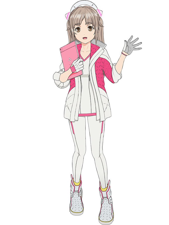 kozaki yuusuke, equa (estab-life), estab-life: great escape, official art, 1girl, anime coloring, breasts, brown eyes, brown hair, collared jacket, full body, gloves, hairpods, hand up, holding, holding notebook, jacket, long hair, long sleeves, looking at viewer, medium breasts, multicolored jacket, notebook, open clothes, open hand, open jacket, open mouth, pants, pink jacket, shirt, shoes, simple background, sleeves pushed up, smile, solo, standing, tachi-e, transparent background, two-tone jacket, two side up, white gloves, white jacket, white pants, white shirt, white shoes