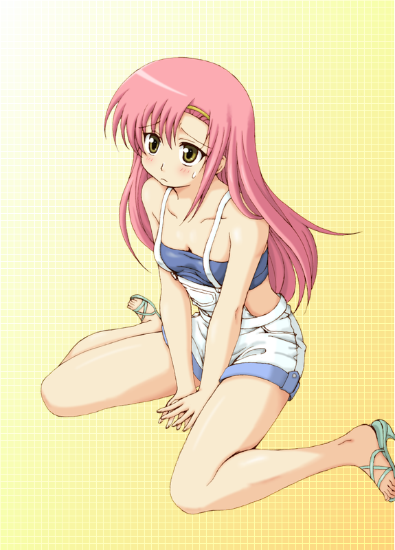 katsura hinagiku, hayate no gotoku!, 00s, brown eyes, casual, hairband, long hair, overalls, pink hair, sandals, sitting, solo