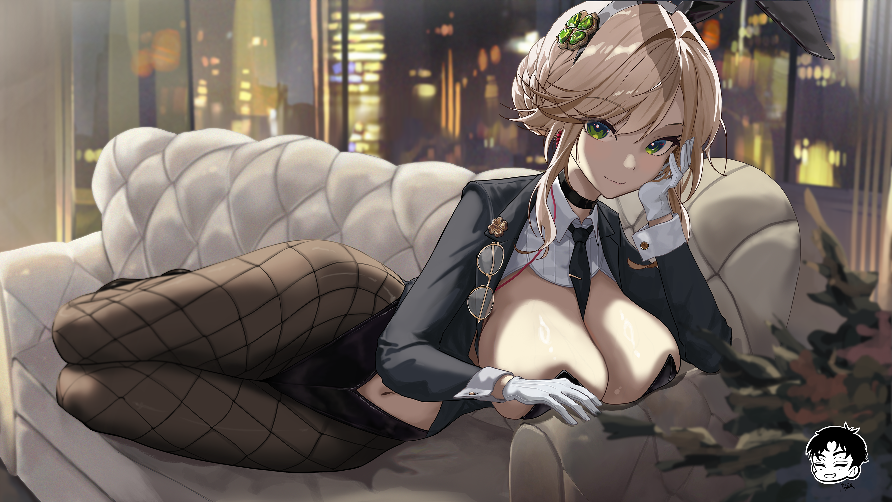 danny marx, ade (agent bunny) (nikke), ade (nikke), goddess of victory: nikke, absurdres, commentary, english commentary, highres, 1girl, animal ears, between breasts, black leotard, black necktie, breasts, brown hair, building, cleavage, clothing cutout, couch, fake animal ears, fishnet pantyhose, fishnets, gloves, green eyes, indoors, large breasts, leotard, looking at viewer, lying, navel, navel cutout, necktie, necktie between breasts, night, night sky, official alternate costume, on couch, on side, pantyhose, playboy bunny, rabbit ears, short hair, shrug (clothing), sky, skyscraper, solo, white gloves
