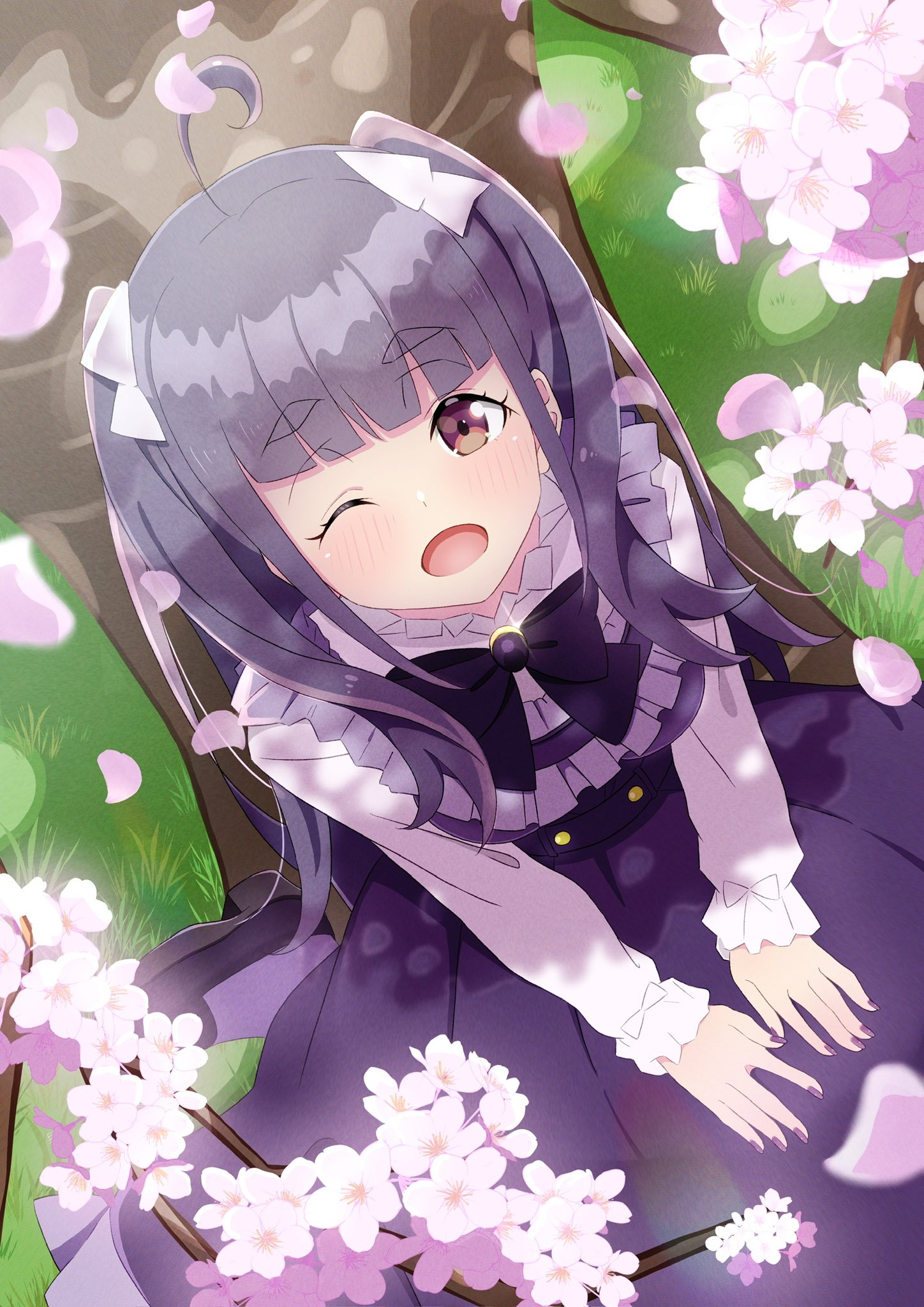 litecolors radi, chofu noriko, ikizulive! love live! bluebird, love live!, commentary, highres, 1girl, ;d, ahoge, blunt bangs, brown eyes, cherry blossoms, dress, falling petals, flower, frilled shirt, frilled sleeves, frills, grass, long hair, long sleeves, looking at viewer, on ground, one eye closed, open mouth, outdoors, petals, pinafore dress, pink flower, purple dress, purple hair, shirt, sidelocks, sitting, sleeveless, sleeveless dress, smile, solo, white shirt