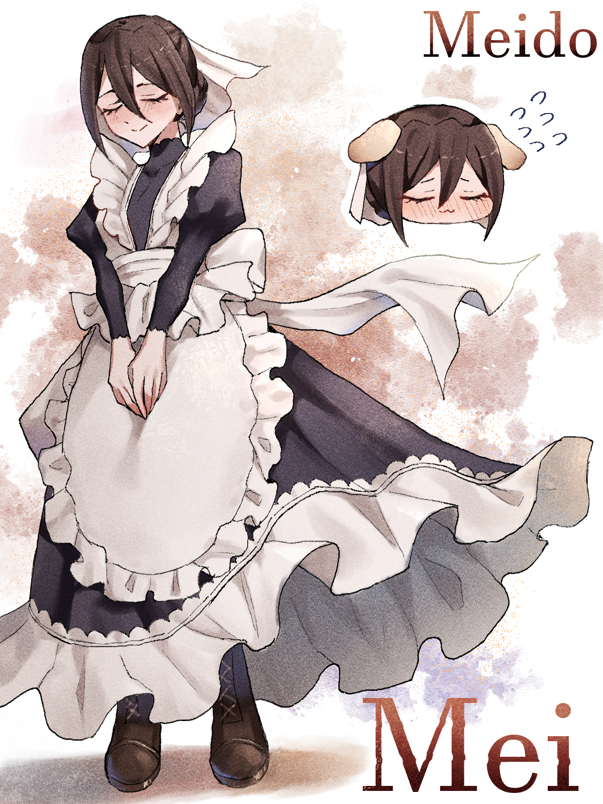 hiiro (kiiro ex), meido mei, kimi no koto ga dai dai dai dai daisuki na 100-nin no kanojo, commentary request, highres, 1girl, :3, animal ears, apron, black dress, blush, boots, brown background, brown boots, brown hair, character name, chibi, closed eyes, closed mouth, dog ears, dress, flying sweatdrops, frilled apron, frilled dress, frills, full body, hair between eyes, hair bun, high collar, juliet sleeves, kemonomimi mode, lone nape hair, long dress, long hair between eyes, long sleeves, maid, maid apron, multiple views, nose blush, outline, own hands together, puffy sleeves, raised eyebrows, shadow, single hair bun, smile, split mouth, standing, twitter username, veil, white background, white outline, white veil