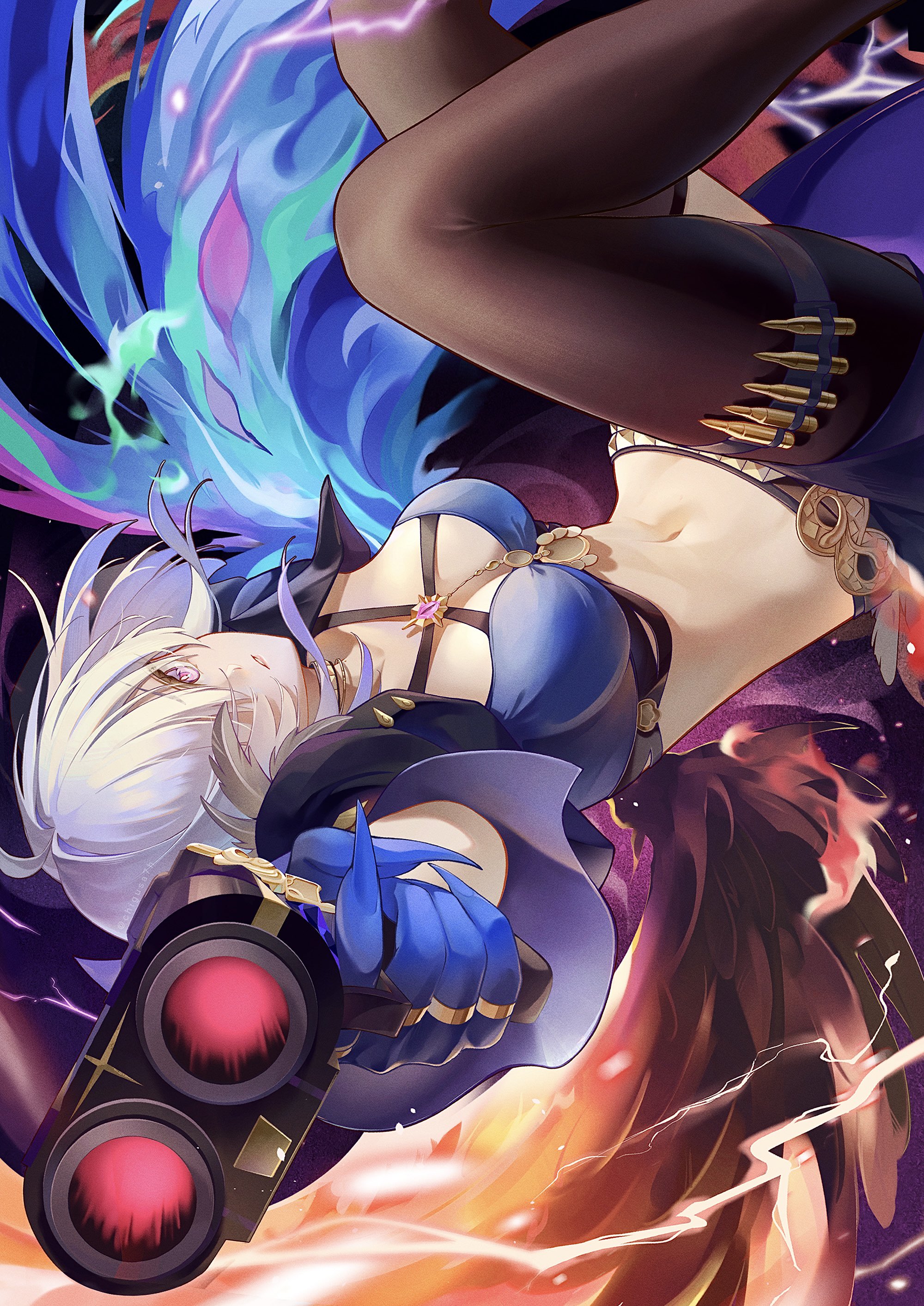 chigusa7h, galbrena (wuthering waves), wuthering waves, absurdres, commentary, highres, 1girl, aiming, aiming at viewer, black pantyhose, black shorts, blue bra, blue nails, bra, breasts, cleavage, electricity, fingernails, grey hair, long fingernails, medium breasts, medium hair, mutation, navel, pantyhose, parted lips, purple eyes, sharp fingernails, shorts, solo, stomach, tacet discord (wuthering waves), underwear