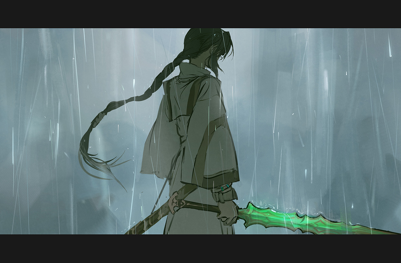 huangdanlan, yamato takeru (fate), fate/samurai remnant, fate (series), 1other, bracelet, braid, facing away, holding, holding sword, holding weapon, jewelry, letterboxed, long hair, long sleeves, other focus, outdoors, solo, standing, sword, very long hair, weapon, wet