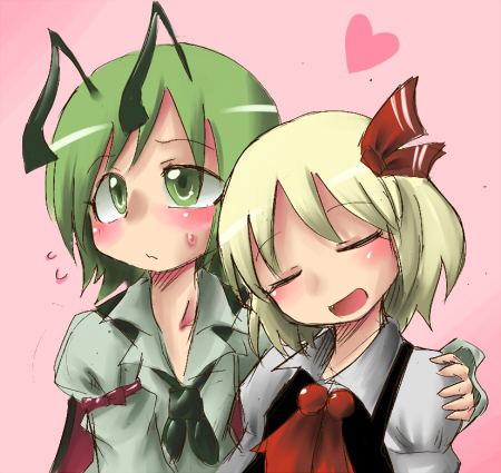 aruse yuushi, rumia, wriggle nightbug, shoot the bullet, touhou, lowres, 2girls, antennae, blonde hair, blush, bow, closed eyes, female focus, green hair, hair bow, heart, multiple girls, open mouth, yuri