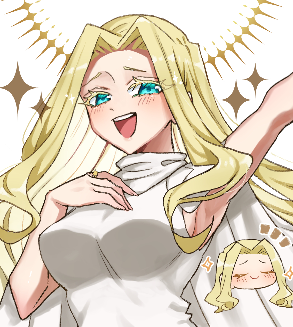 hiiro (kiiro ex), utsukushisugi mimimi, kimi no koto ga dai dai dai dai daisuki na 100-nin no kanojo, commentary request, highres, 1girl, :d, aqua eyes, arm up, armpits, blonde hair, blush, breasts, chibi, chibi inset, closed eyes, colored eyelashes, curly hair, curtained hair, gold ring, hair intakes, hand on own chest, jacket, jacket on shoulders, jewelry, large breasts, long hair, looking at viewer, notice lines, open mouth, raised eyebrows, ring, shirt, sideboob, simple background, sleeveless, sleeveless shirt, smile, sparkle, teeth, turtleneck, turtleneck shirt, twitter username, upper body, upper teeth only, white background, white jacket, white shirt