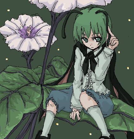 nora (artist), nora (nrkr), wriggle nightbug, touhou, bad id, bad pixiv id, lowres, 1girl, antennae, bug, cape, female focus, fireflies, firefly, flower, green eyes, green hair, leaf, matching hair/eyes, solo