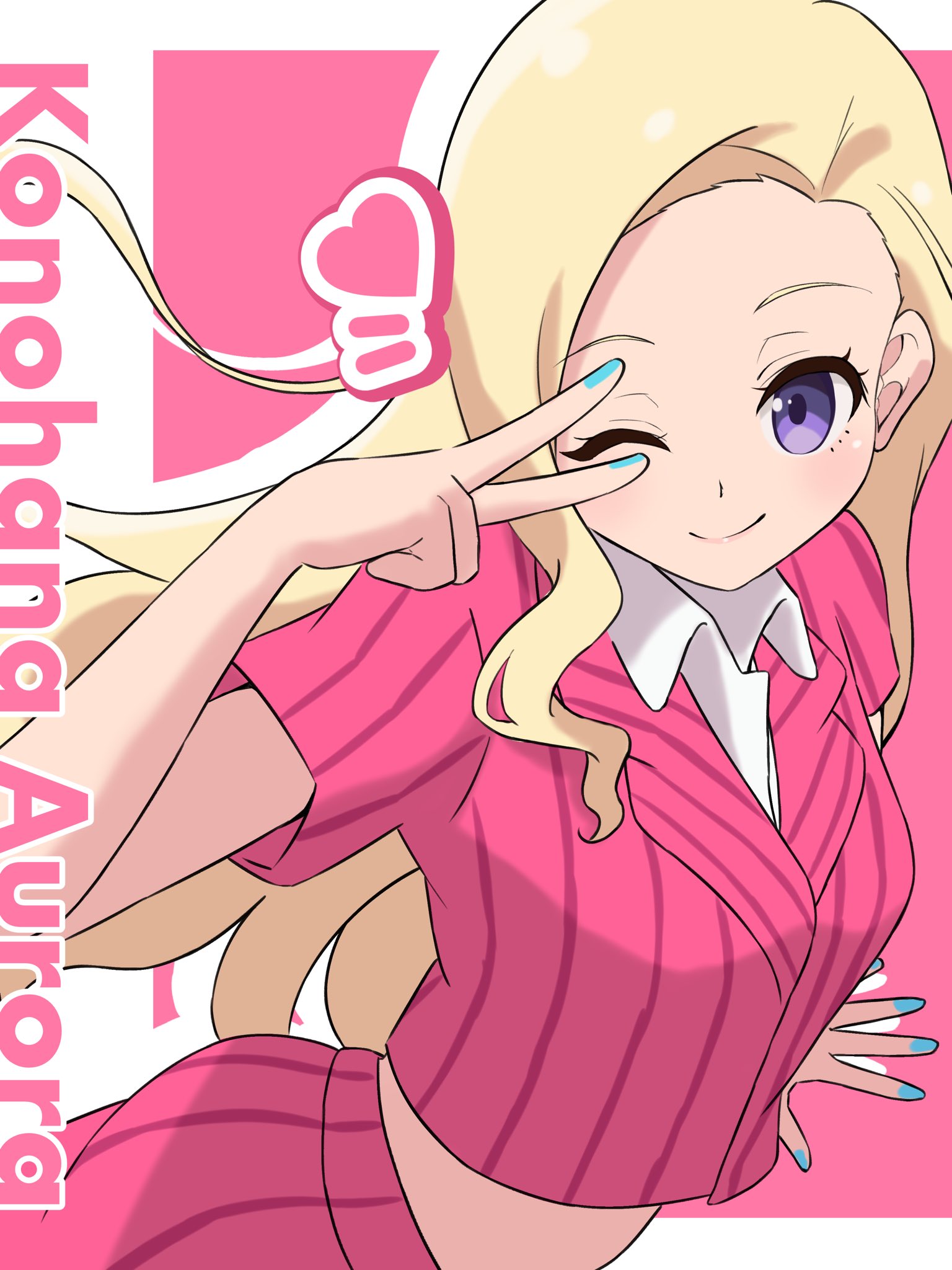 nanase itsuki, konohana aurora, ikizulive! love live! bluebird, love live!, commentary request, highres, 1girl, ;), blonde hair, blue nails, character name, closed mouth, collared shirt, drop shadow, heart, jacket, looking at viewer, one eye closed, pink background, pink jacket, pink skirt, pinstripe jacket, pinstripe pattern, pinstripe skirt, purple eyes, shirt, short-sleeved jacket, short sleeves, simple background, skirt, smile, solo, split mouth, v, v over eye, what is my life? (love live!), white shirt