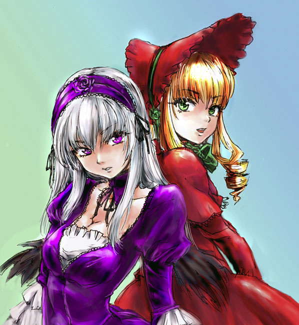 osakana (denpa yun'yun), shinku, suigintou, rozen maiden, silver hair, bad id, bad pixiv id, 00s, 2girls, black wings, blonde hair, breasts, cleavage, dress, drill hair, green eyes, medium breasts, multiple girls, purple eyes, wings