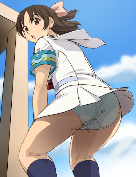 haruyama kazunori, aoi minamo, real drive, 1girl, ass, brown eyes, brown hair, cloud, female focus, looking at viewer, looking back, outdoors, panties, pantyshot, sky, solo, underwear