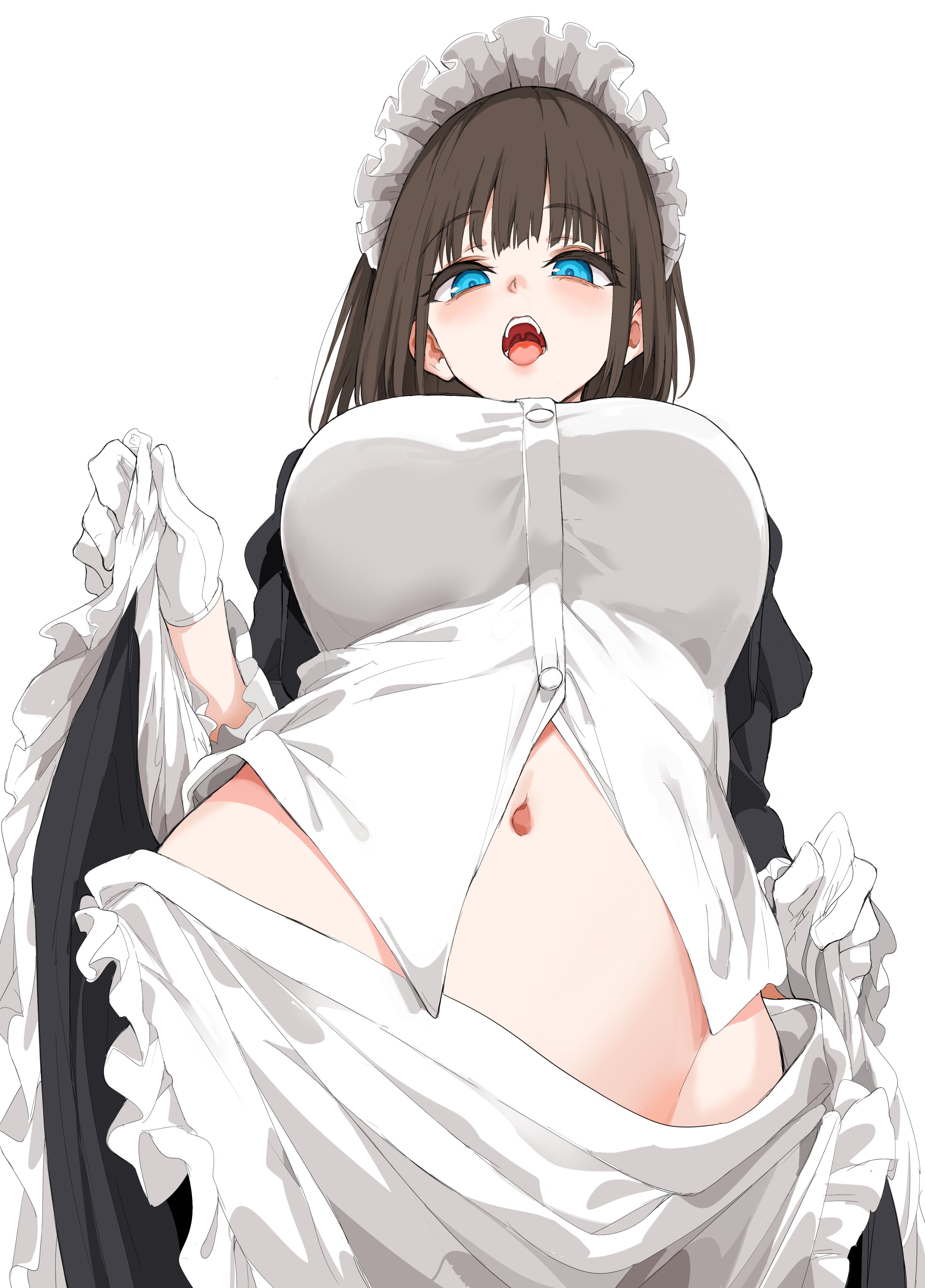 kyokucho, rurikawa tsubaki, original, highres, official art, 1girl, apron, black skirt, blue eyes, blunt bangs, blush, breasts, brown hair, buttons, clothes lift, dot nose, dress, female focus, from below, gloves, large breasts, lifting own clothes, long skirt, long sleeves, looking at viewer, maid, maid headdress, medium hair, midriff, navel, open mouth, presenting, sexually suggestive, simple background, skirt, skirt lift, solo, solo focus, stomach, teeth, tongue, white apron, white background, white dress, white gloves, white headdress