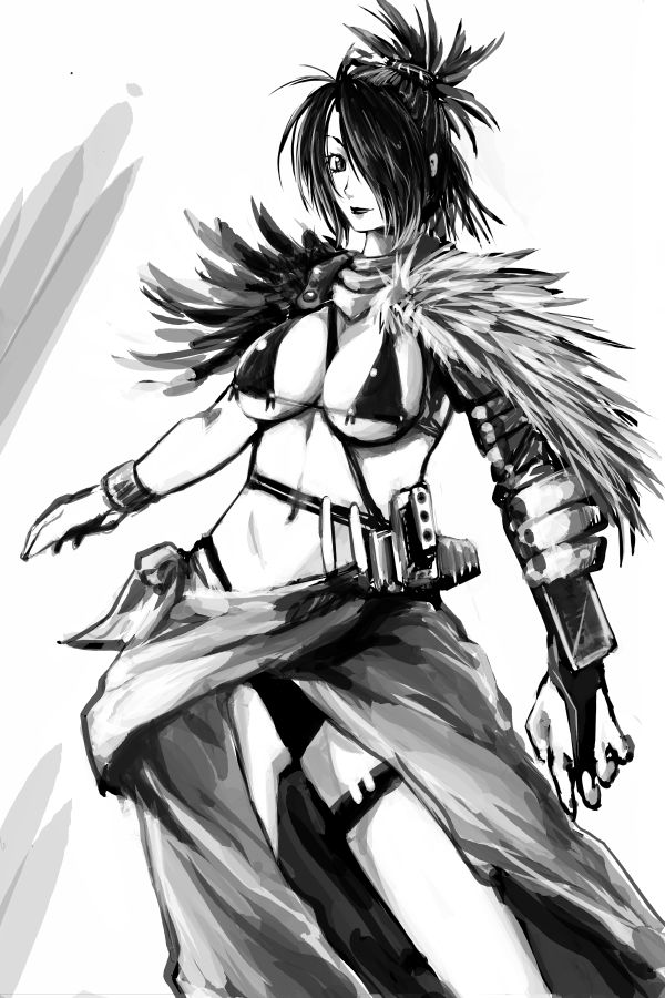 michael f91, 1girl, bra, breasts, female focus, greyscale, hair over one eye, large breasts, lingerie, monochrome, solo, underwear