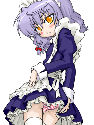 bell zephyr, izayoi sakuya, night wizard, touhou, striped, lowres, 00s, 1girl, cosplay, female focus, izayoi sakuya (cosplay), maid, oekaki, panties, simple background, solo, underwear, upskirt, white background