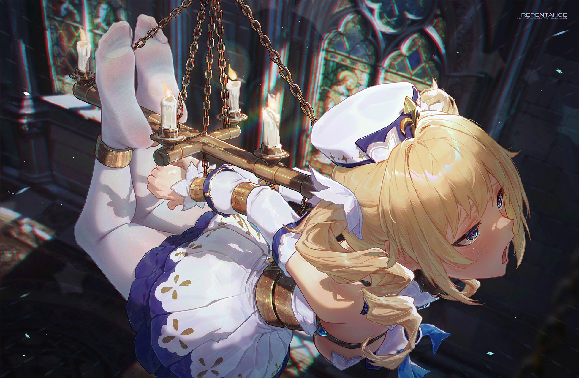 icecake, barbara (genshin impact), genshin impact, highres, 1girl, arms behind back, bdsm, blonde hair, blue eyes, blush, bondage, bound, bound ankles, bound arms, bound wrists, detached sleeves, dress, drill hair, hat, indoors, long hair, long sleeves, no shoes, open mouth, pantyhose, restrained, sailor hat, soles, solo, toes, twin drills, twintails, white dress, white pantyhose, white sleeves