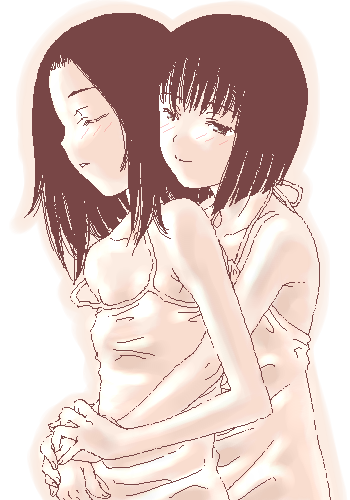 gusu, lowres, 2girls, couple, monochrome, multiple girls, oekaki, pink theme, sepia, yuri