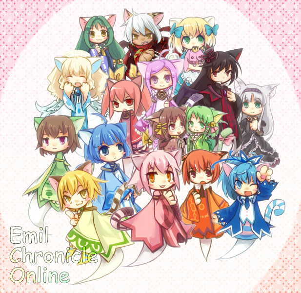 trutsmn, nekomata kuro, nekomata shiro, nekomata sora, nekomata sumire, emil chronicle online, 2boys, 6+girls, ahoge, animal ears, apron, black dress, black hair, black hat, blonde hair, blue bow, blue dress, blue eyes, blue hair, blue necktie, blush stickers, bow, brown hair, brown jacket, cat ears, cat girl, cat tail, cloak, closed eyes, dress, frilled dress, frills, ghost boy, ghost girl, ghost tail, green dress, green eyes, green hair, green jacket, green ribbon, hair bow, hair ribbon, halo, hat, holding, holding stuffed toy, jacket, multiple boys, multiple girls, necktie, nekomata ai, nekomata akane, nekomata alice, nekomata anzu, nekomata frill, nekomata kurumi & wakana, nekomata midori, nekomata mike, nekomata momo, nekomata tora, nekomata yamabuki, one eye closed, open mouth, orange dress, orange hair, pink dress, pink hair, pink ribbon, ponytail, purple dress, purple eyes, purple hair, red cloak, red dress, red eyes, red hair, ribbon, stuffed animal, stuffed rabbit, stuffed toy, tail, tail ornament, tail ribbon, twintails, two-tone dress, white apron, white dress, white hair, yellow eyes, yellow ribbon