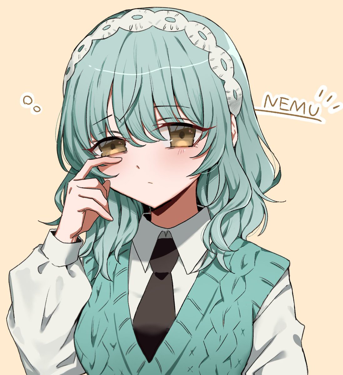 hiiro (kiiro ex), nemui nemu, kimi no koto ga dai dai dai dai daisuki na 100-nin no kanojo, commentary request, highres, 1girl, black necktie, cable knit, character name, closed mouth, collared shirt, green hair, green sweater vest, hair between eyes, hairband, half-closed eyes, hand on own cheek, hand on own face, light blush, long sleeves, medium hair, necktie, ohananomitsu middle school uniform, portrait, puffy long sleeves, puffy sleeves, rubbing eyes, school uniform, shirt, simple background, sleepy, solo, squeans, sweater vest, upper body, wavy hair, white hairband, white shirt, yellow background, yellow eyes