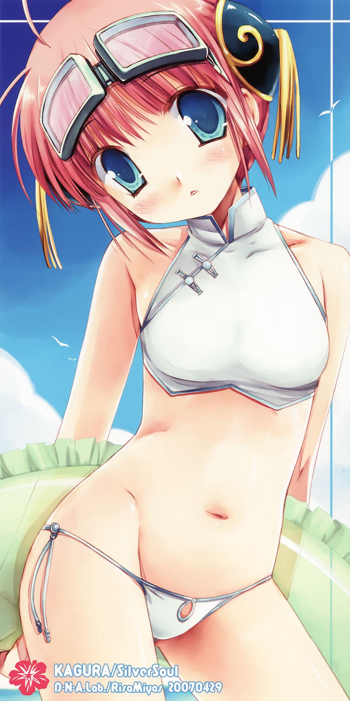 miyasu risa, kagura (gintama), gintama, absurdres, highres, 00s, 1girl, beach, bikini, blue eyes, blush, bun cover, day, double bun, female focus, goggles, hair bun, head tilt, innertube, lowleg, panties, panty pull, pink hair, red hair, short hair, side-tie bikini bottom, solo, swim ring, swimsuit, tankini, underwear, white bikini