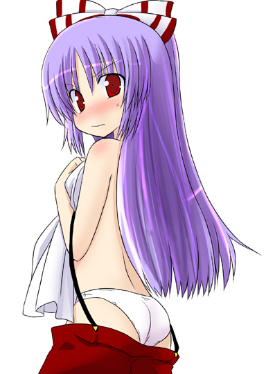 fujiwara no mokou, touhou, 1girl, ass, blush, female focus, long hair, panties, ribbon, simple background, solo, underwear, white background