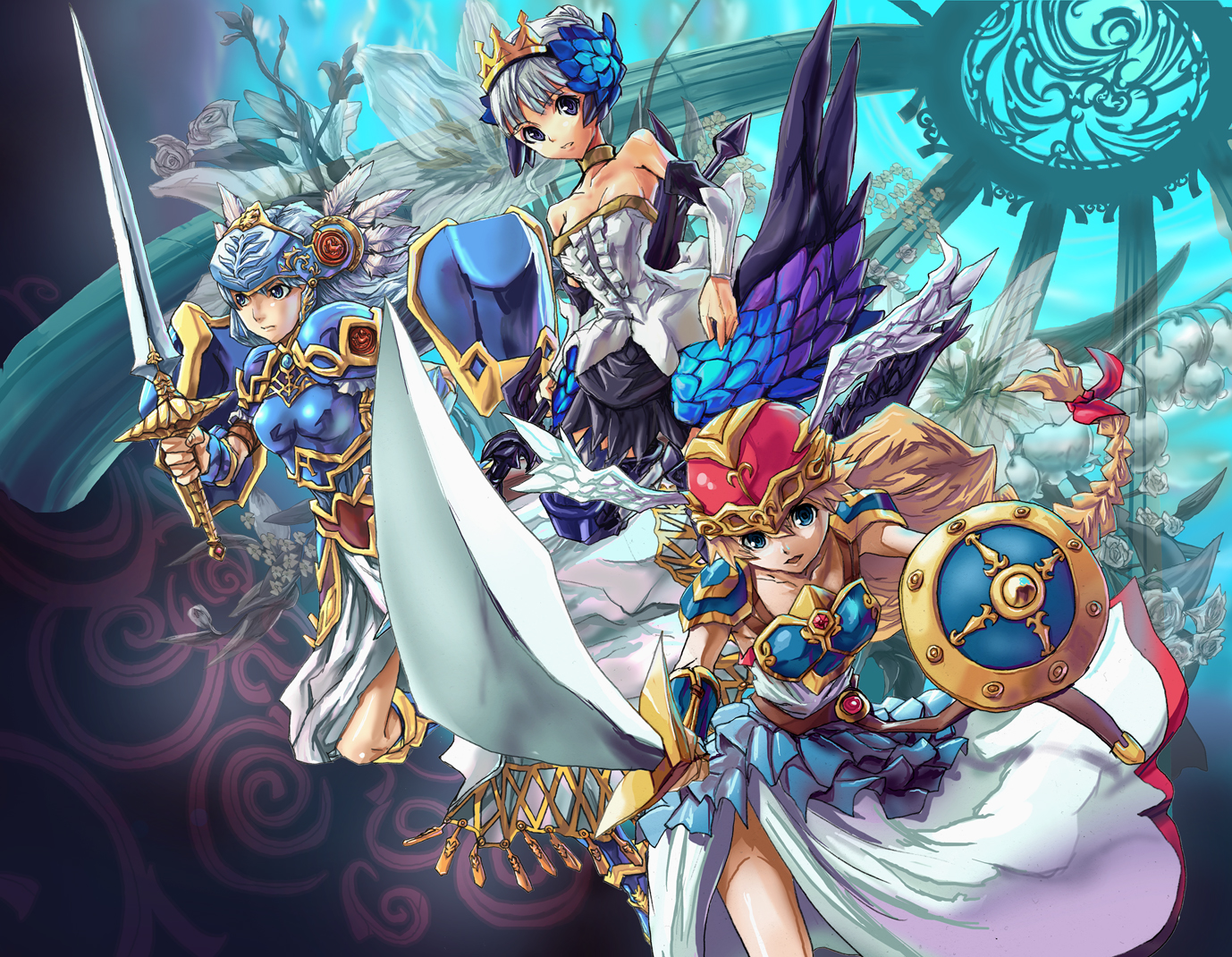 matsumoto eight, gwendolyn (odin sphere), lenneth valkyrie, valkyrie (vnd), odin sphere, valkyrie no densetsu, valkyrie profile (series), 3girls, armor, armored dress, bare shoulders, blonde hair, blue eyes, crossover, dress, foreshortening, helmet, multiple girls, shield, strapless, strapless dress, sword, tiara, trait connection, valkyrie, vambraces, weapon, white hair, wings