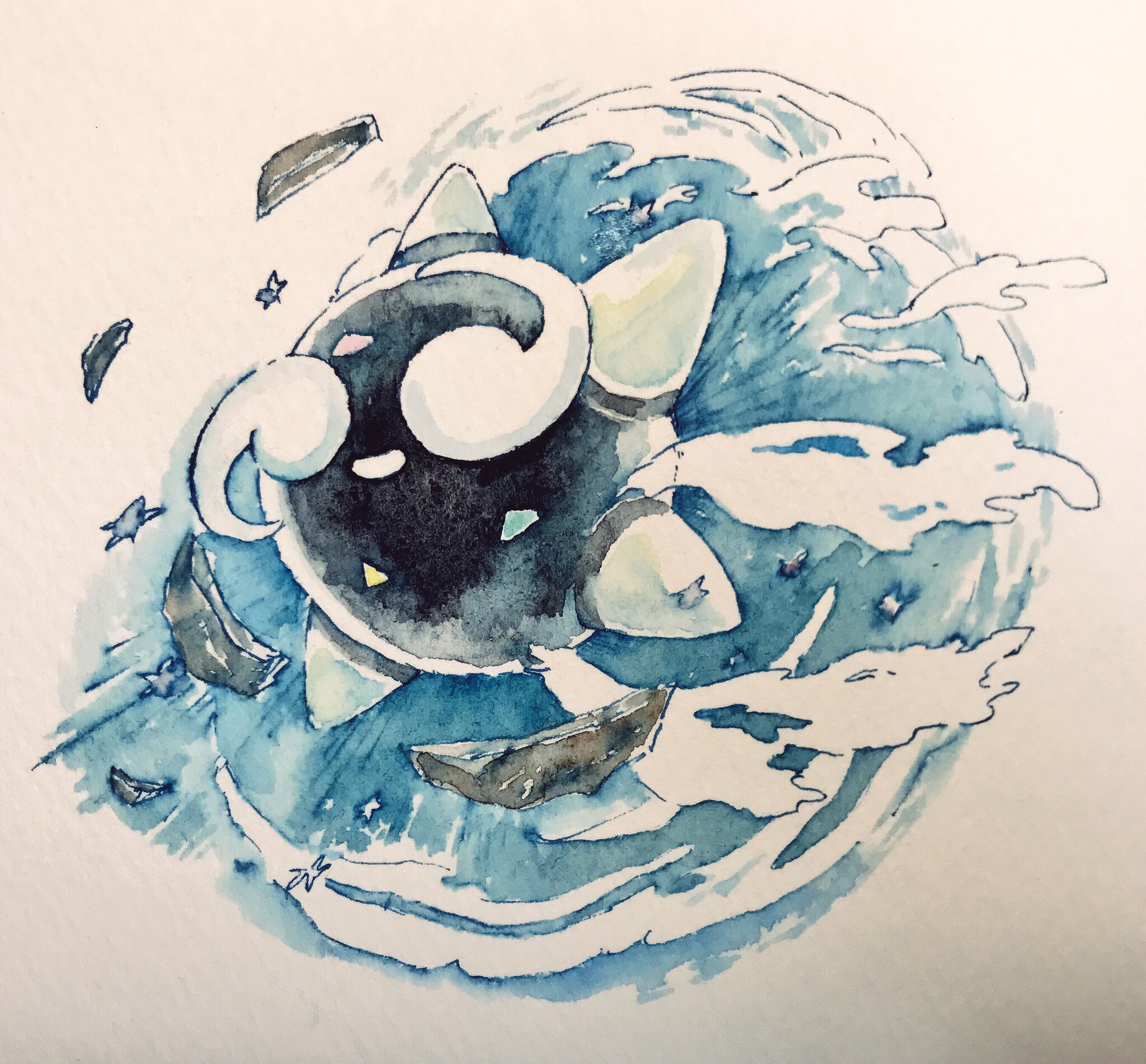 mint nappa, minior, nintendo, pokemon, commentary request, highres, painting (medium), traditional media, watercolor (medium), full body, gen 7 pokemon, no humans, pokemon (creature), simple background, solo, white background