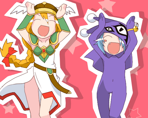 kumonji aruto, sabine, valkyrie (vnd), namco, valkyrie no densetsu, bad id, bad pixiv id, lowres, 2girls, armor, armored dress, bodysuit, caramelldansen, dancing, dress, green armor, meme, multiple girls, purple bodysuit, valkyrie