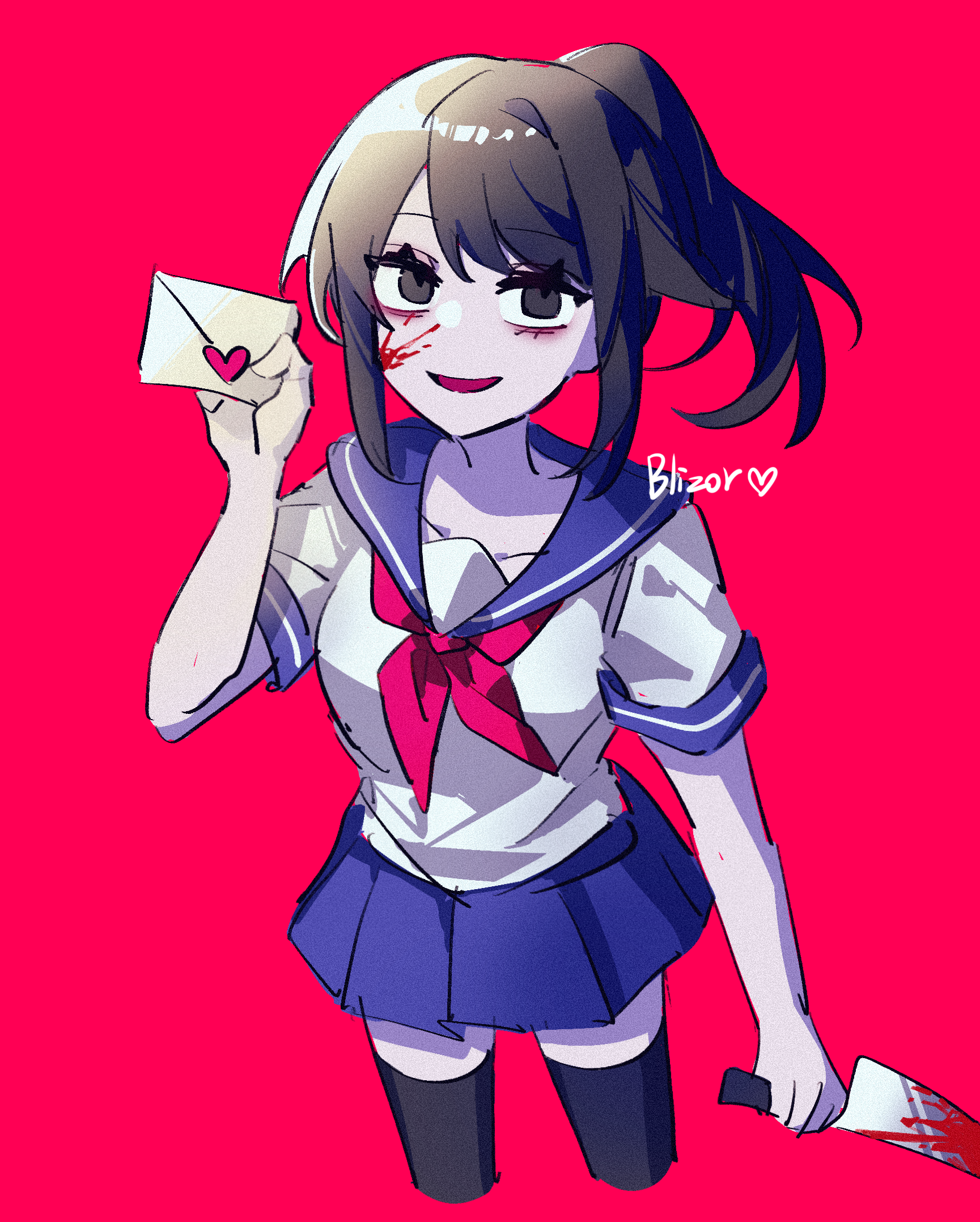 blissfulrainbizhuo, ayano aishi, yandere simulator, chinese commentary, commentary, commentary request, english commentary, highres, mixed-language commentary, 1girl, :d, black eyes, black thighhighs, blood, blood on face, bloody knife, bloody weapon, brown hair, collarbone, cropped legs, heart, holding, holding knife, holding letter, holding weapon, knife, letter, looking at viewer, love letter, medium hair, miniskirt, neckerchief, open mouth, pleated skirt, ponytail, purple sailor collar, purple skirt, red background, red neckerchief, sailor collar, school uniform, serafuku, shirt, short sleeves, simple background, skirt, smile, solo, standing, thighhighs, weapon, white shirt, yandere