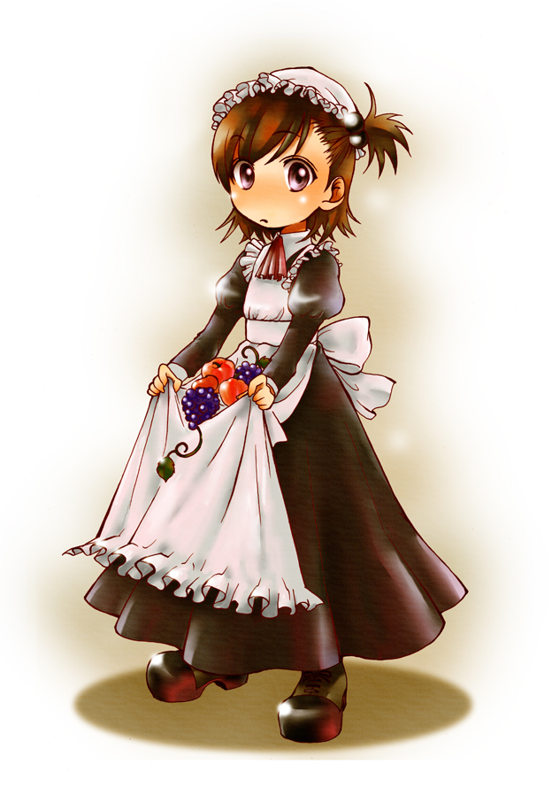 natsuno hareruya, futami mami, idolmaster, idolmaster (classic), 00s, 1girl, brown dress, dress, female focus, frills, full body, hat, holding, juliet sleeves, long sleeves, looking at viewer, maid, maid headdress, mob cap, okobo, platform sandals, puffy sleeves, sandals, shoes, solo, standing