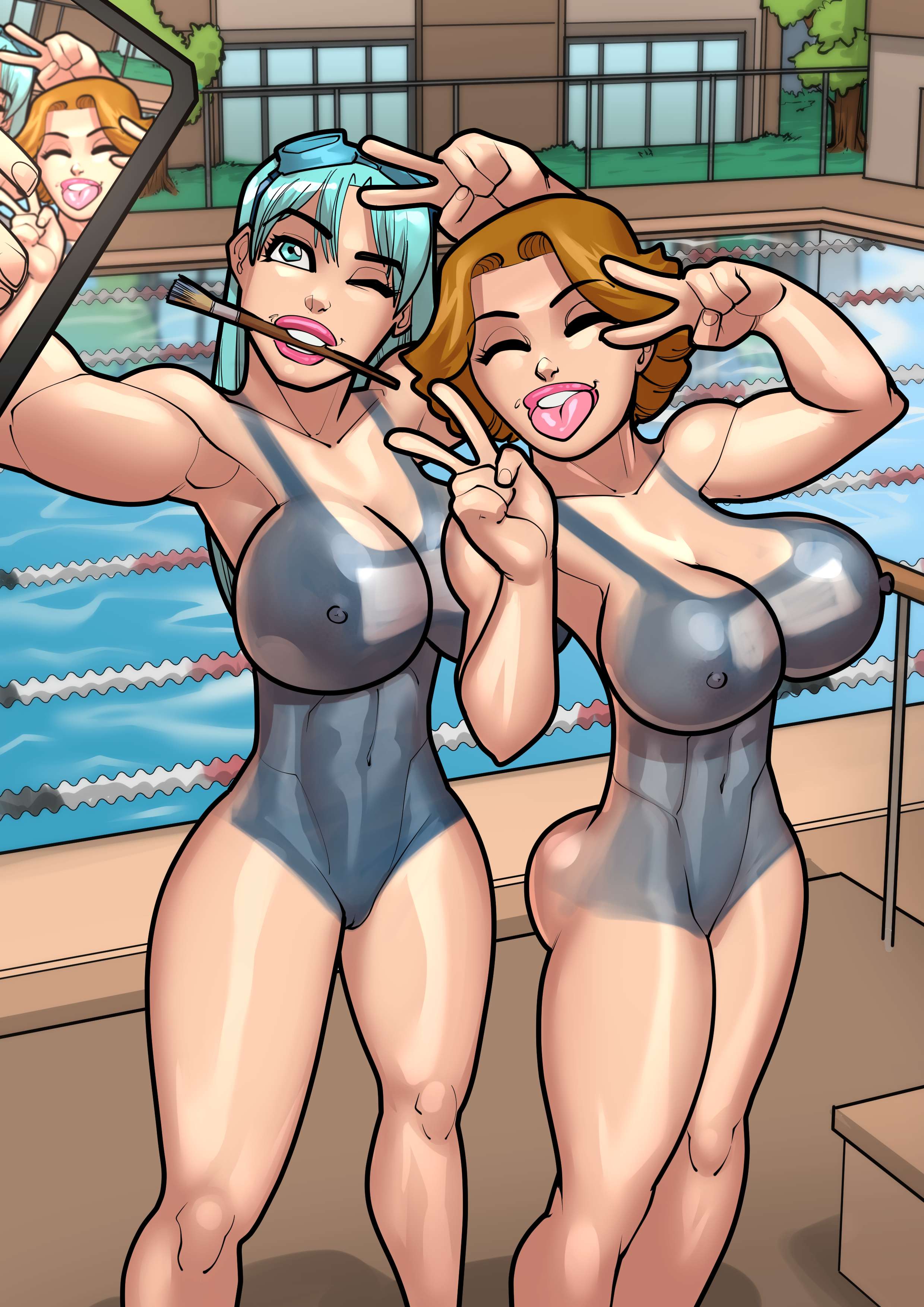 rabies-t-lagomorph, jacqui herron, my mom and sister are size queen sluts, absurdres, highres, 2girls, blue eyes, blue hair, bodypaint, breasts, brown hair, cellphone, closed eyes, day, double v, holding, holding phone, janet herron, large breasts, multiple girls, navel, nipples, one eye closed, outdoors, paintbrush, phone, pool, selfie, short hair, siblings, sisters, smartphone, tongue, tongue out, v