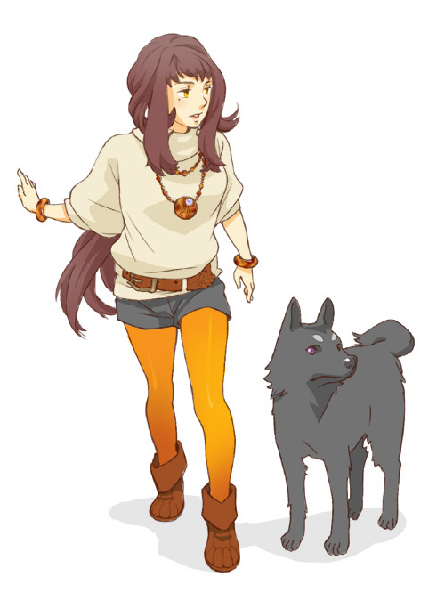uzuinu, original, bad id, bad pixiv id, 1girl, animal, brown hair, dog, female focus, full body, jewelry, long hair, mole, mole under eye, necklace, orange pantyhose, pantyhose, pantyhose under shorts, shorts, solo, standing