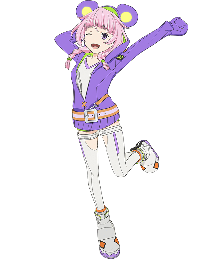 kozaki yuusuke, estab-life: great escape, official art, 1girl, :d, animal ears, animal hood, anime coloring, arm behind head, arms up, bear ears, belt, braid, breasts, brown belt, clenched hand, full body, hood, hood up, hoodie, leg up, long hair, looking at viewer, low twin braids, maruteese (estab-life), one eye closed, open mouth, outstretched arm, pink eyes, pink hair, purple hood, purple hoodie, shirt, shoes, simple background, small breasts, smile, solo, standing, standing on one leg, tachi-e, thighhighs, transparent background, twin braids, two-tone belt, white shirt, white shoes, white thighhighs