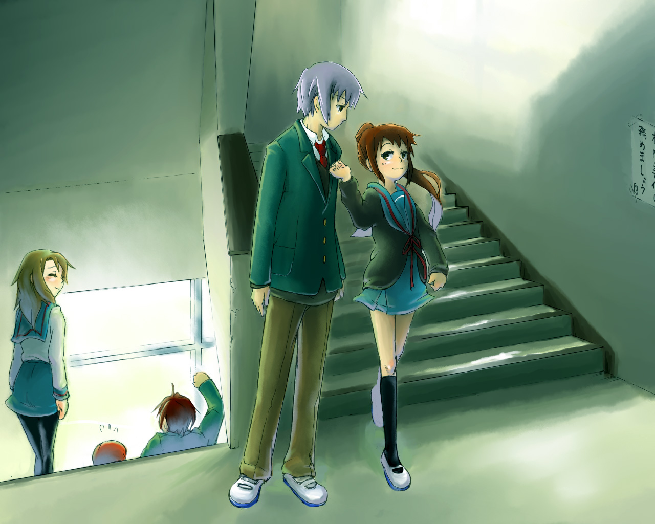 koizumi itsuki, koizumi itsuki (female), kyonko, nagato yuki, nagato yuuki, suzumiya haruhi, suzumiya haruhiko, suzumiya haruhi no yuuutsu, 00s, 2girls, 3boys, genderswap, genderswap (ftm), genderswap (mtf), kneehighs, multiple boys, multiple girls, pantyhose, ponytail, school uniform, serafuku, socks