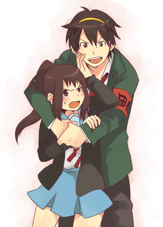 zukki (suzukio), kyonko, suzumiya haruhi, suzumiya haruhiko, suzumiya haruhi no yuuutsu, bad id, bad pixiv id, 00s, 1boy, 1girl, armband, genderswap, genderswap (ftm), genderswap (mtf), ponytail, school uniform, serafuku