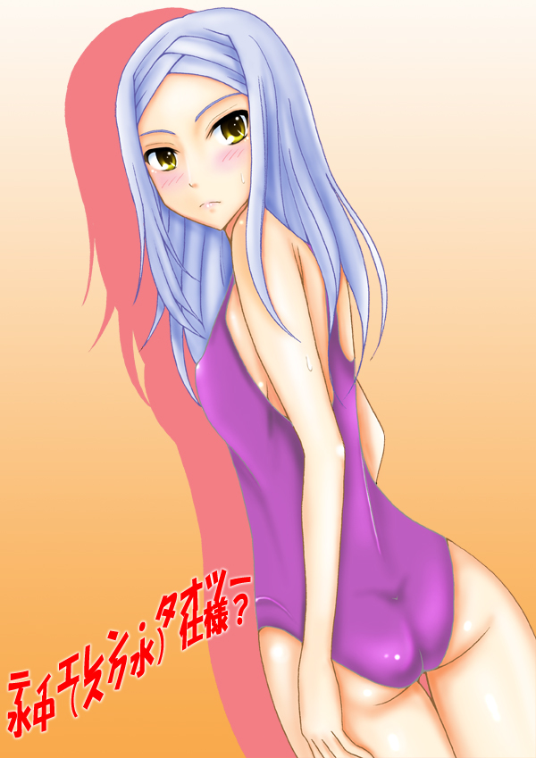 kishida-shiki, soma peries, gundam, gundam 00, 00s, 1girl, ass, blue hair, blush, female focus, flat chest, gradient background, long hair, looking back, one-piece swimsuit, shadow, solo, swimsuit, yellow eyes