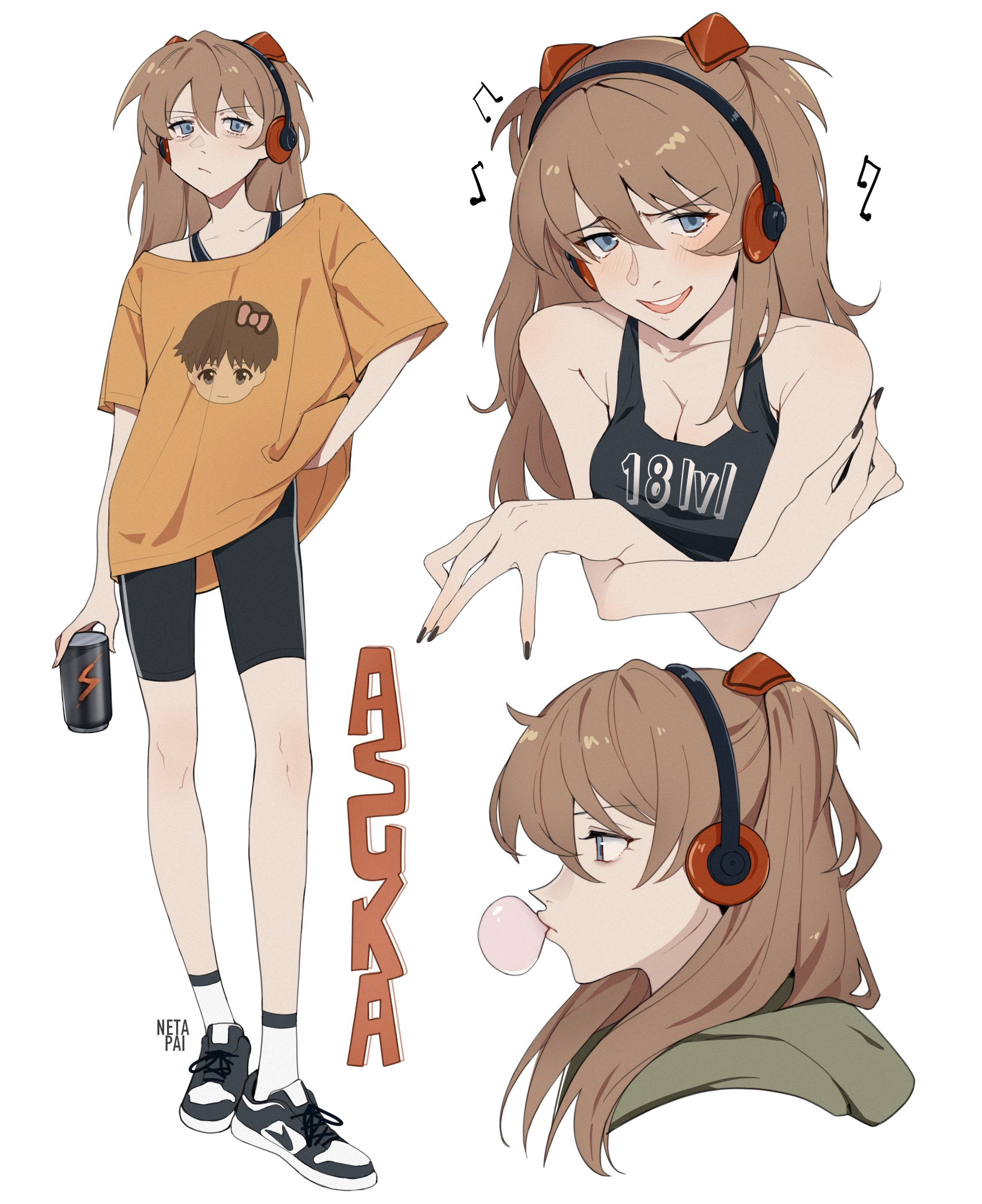 netapai1, souryuu asuka langley, neon genesis evangelion, absurdres, highres, 1girl, bike shorts, black nails, blue eyes, breasts, brown hair, chewing gum, closed mouth, facing to the side, hand on own hip, headphones, holding, interface headset (evangelion), looking at viewer, medium breasts, multiple views, musical note, nail polish, open mouth, orange hair, shorts, simple background, smile, solo, white background
