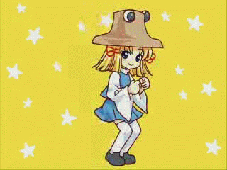 mochiya marosuke, moriya suwako, silver forest, touhou, animated, animated gif, lowres, > <, 1girl, closed eyes, dancing, female focus, full body, hat, qvga, shirt, skirt, solo, star (symbol), thighhighs
