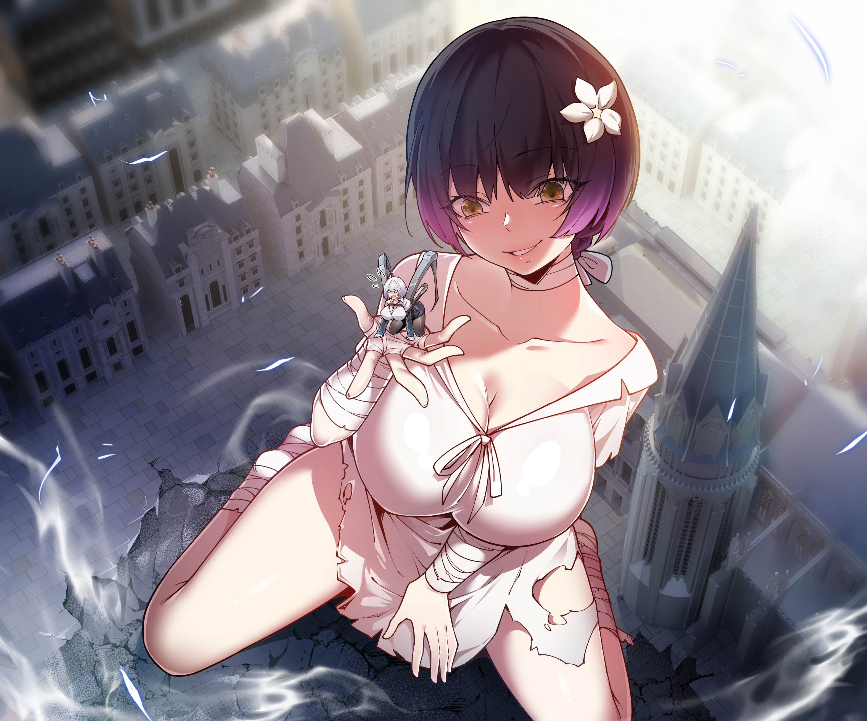 yuehua yinxue, highres, 2girls, bandaged arm, bandaged leg, bandages, black hair, breasts, building, city, cleavage, collarbone, dress, fairy, fairy wings, flower, from above, giant, giantess, gradient hair, hair flower, hair ornament, in palm, large breasts, mini person, minigirl, multicolored hair, multiple girls, purple hair, short hair, sitting, size difference, smile, torn clothes, wariza, white dress, wings, yellow eyes