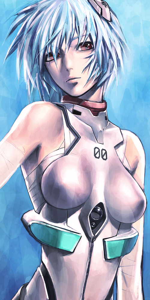 iwai ryou, ayanami rei, neon genesis evangelion, 1girl, bandages, bare shoulders, blue background, blue hair, bodysuit, breasts, female focus, hair between eyes, hair over one eye, head tilt, mecha pilot suit, medium breasts, plugsuit (evangelion), red eyes, sarashi, short hair, solo