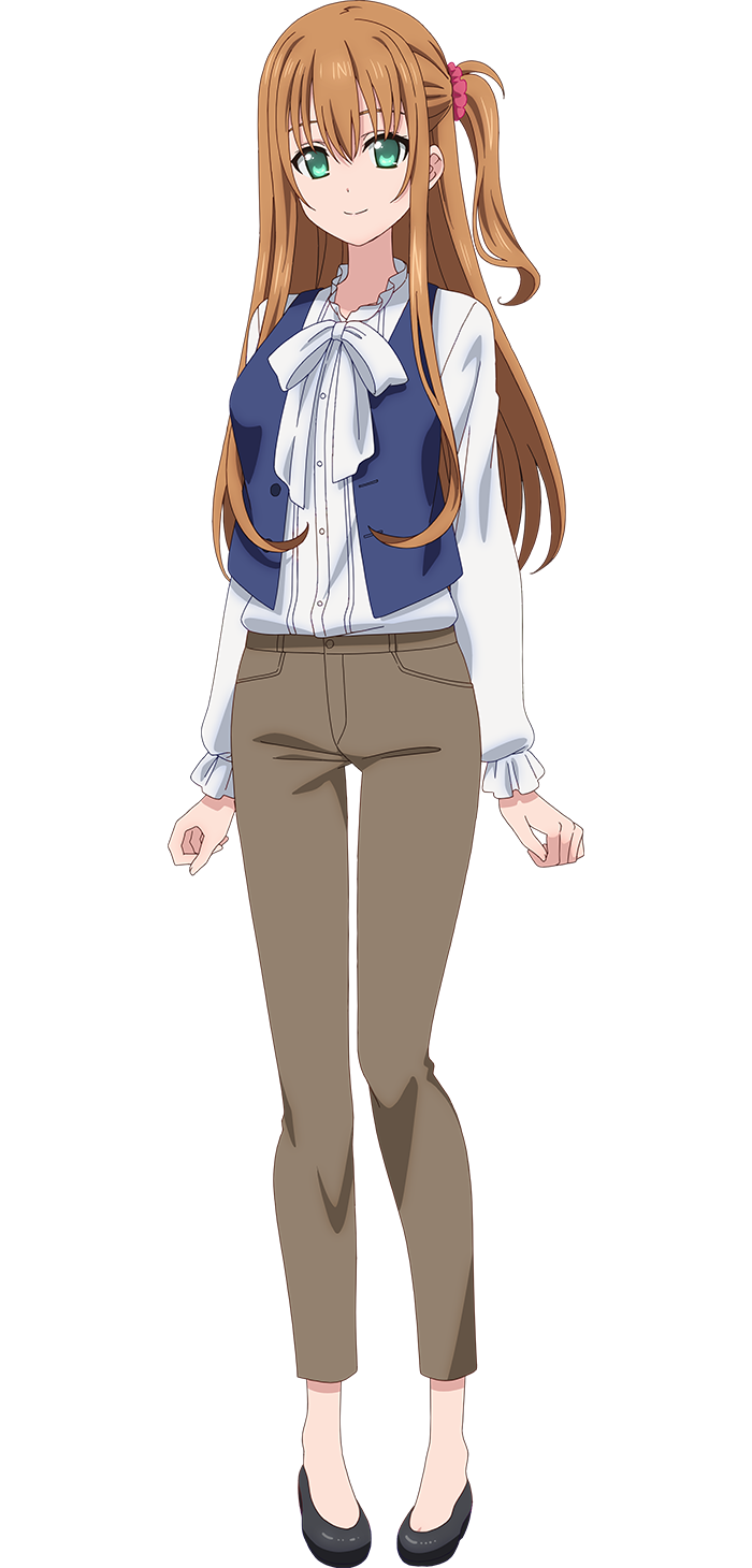 arakaki issei, extreme hearts, highres, official art, 1girl, anime coloring, ayatsuji maika, black shoes, blue vest, bow, bowtie, breasts, brown hair, brown pants, closed mouth, collared shirt, flats, full body, green eyes, hair between eyes, hair ornament, hair scrunchie, large breasts, long hair, long sidelocks, looking at viewer, one side up, open clothes, open vest, pants, pink scrunchie, scrunchie, shirt, shoes, sidelocks, simple background, smile, solo, standing, tachi-e, transparent background, very long hair, very long sidelocks, vest, white bow, white shirt
