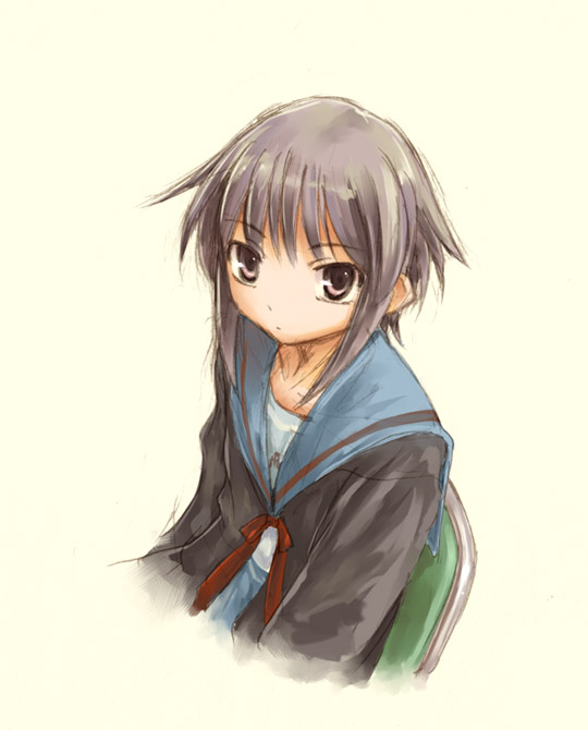 kasuga yukihito, nagato yuki, suzumiya haruhi no yuuutsu, 00s, 1girl, cardigan, female focus, no eyewear, purple hair, school uniform, serafuku, short hair, simple background, solo, upper body, white background